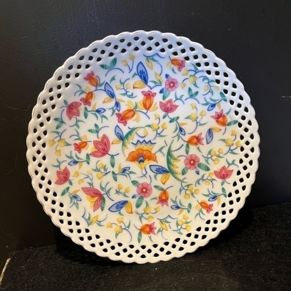 Vintage Round Plate Dish Colorful Floral Pattern Lattice Edge Made in Germany 8”